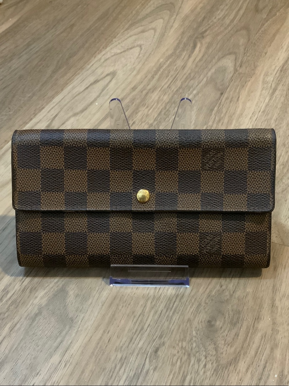 Louis Vuitton Brown Checkered Continental Wallet with Gold Button COA included